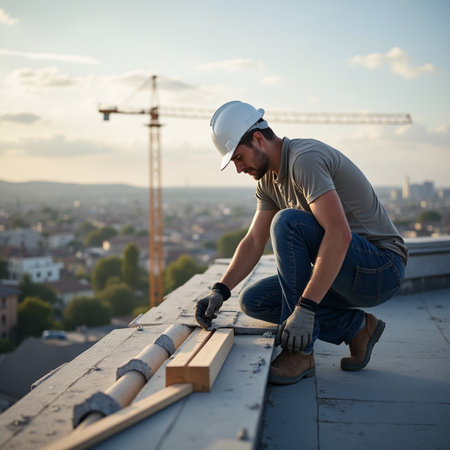 Construction worker working on the roof of a residential building. Construction concept.の素材
