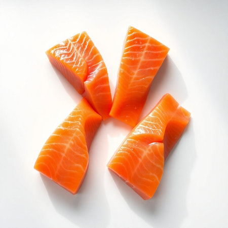 Slices of fresh salmon on white background, close-upの素材