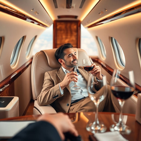 businessman with glass of red wine sitting in private plane and looking at cameraの素材