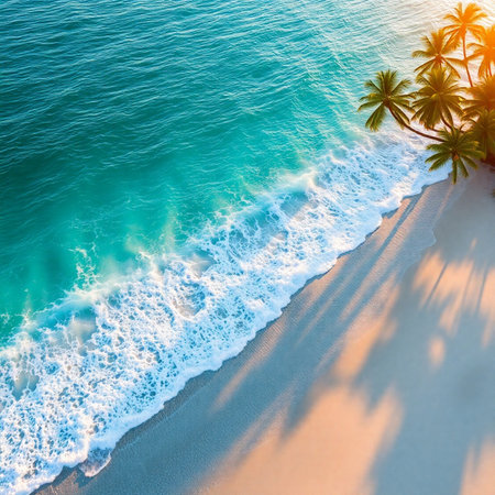 Aerial view of beautiful tropical beach and sea with coconut palm tree at sunset timeの素材