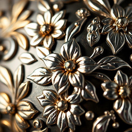 Close up of decorative gold ornaments on a black background.の素材