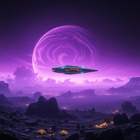 Fantasy alien planet. Flying saucer in the sky. 3d renderingの素材