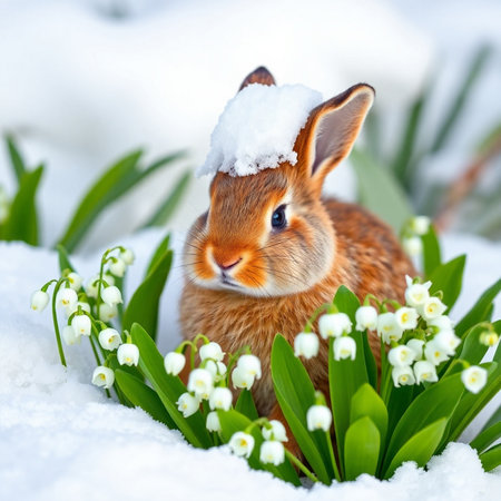 Cute little rabbit in snow with lily of the valley flowersの素材