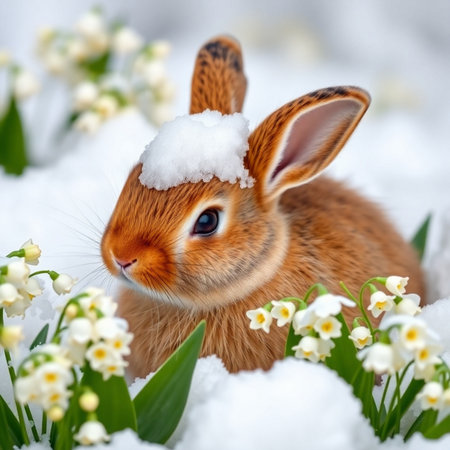 Cute red rabbit in the snow with lilies of the valleyの素材