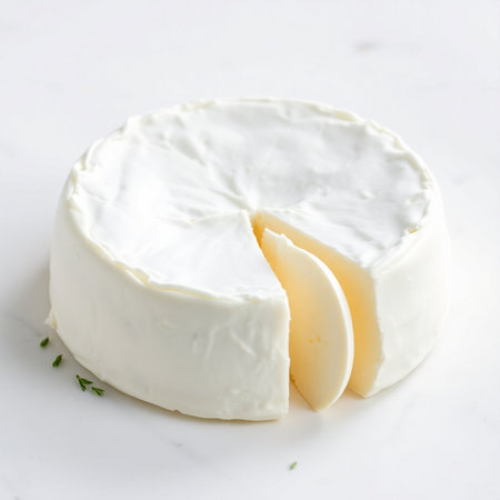 Camembert cheese with thyme on a white marble background.の素材