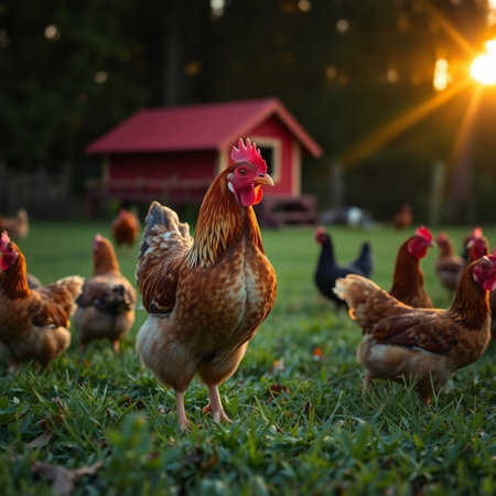 Chickens in the yard of a country house at sunset.の素材