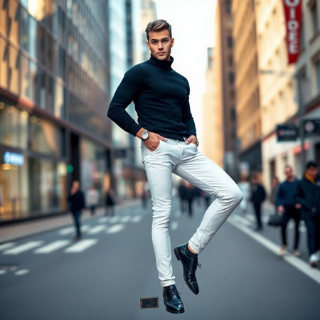 Handsome young man in casual clothes is jumping in the city.の素材