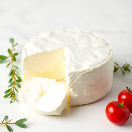 Camembert cheese with thyme and cherry tomatoes on white marble backgroundの素材