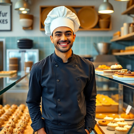 smiling Indian male chef standing in bakery and looking at cameraの素材