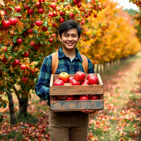 Young Asian woman holding a box full of apples in the orchardの素材