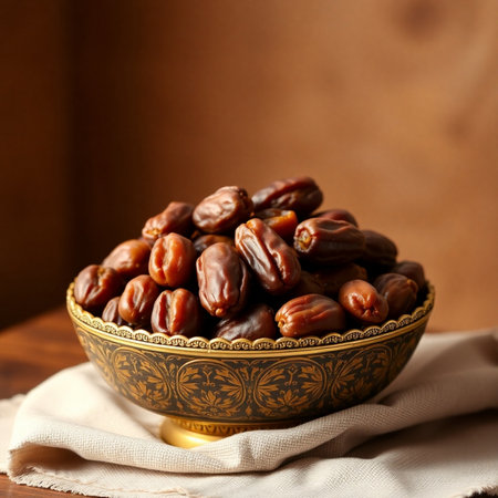 Dates fruit in a bowl on a wooden background. Selective focus.の素材