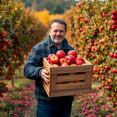 Farmer holding wooden box full of ripe red apples in orchardの素材