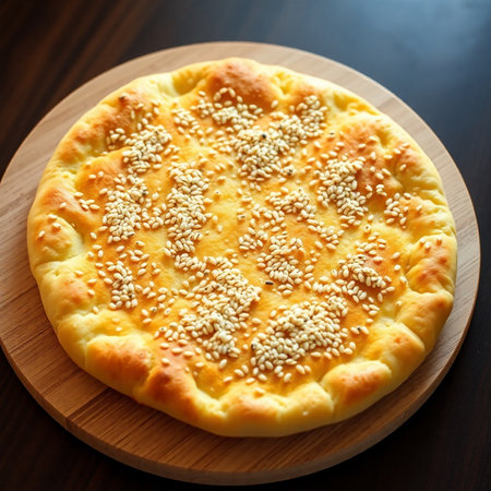 Pizza with sesame and sesame seeds on a wooden boardの素材