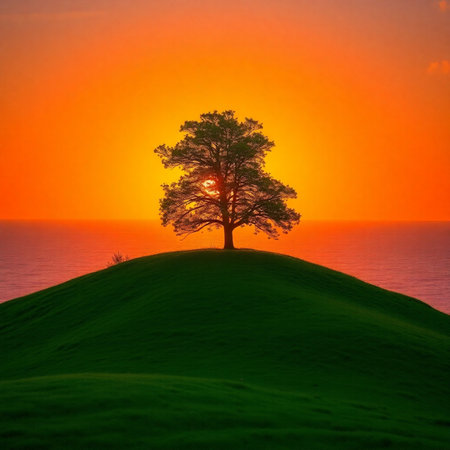 Lonely tree on the green hill at sunset. Beautiful landscape.の素材