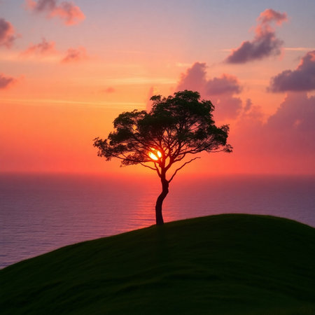 Lonely tree on a hill at sunset in the tropicsの素材