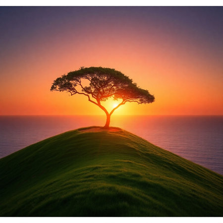 Lonely tree on a green hill at sunset. 3d renderの素材