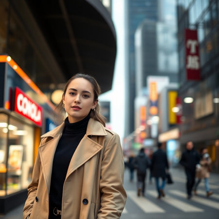 Beautiful young woman in a beige trench coat in the city.の素材