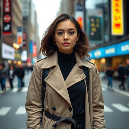 Fashionable young woman in beige coat walking in the city.の素材