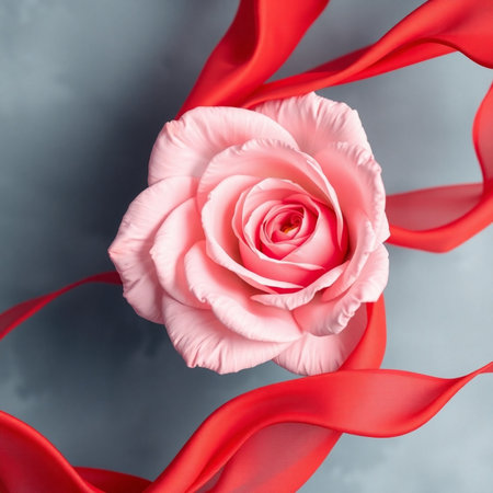 Beautiful pink rose and red ribbon on gray background, closeupの素材