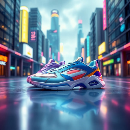 3D rendering of a pair of sneakers in the city at nightの素材