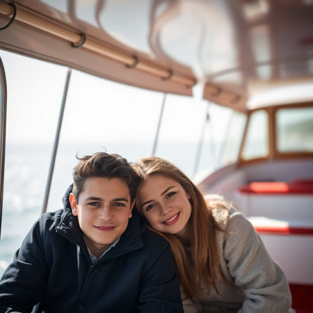 Portrait of a young couple on the deck of a cruise shipの素材