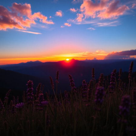 Beautiful sunset in the mountains. Landscape with purple flowers.の素材