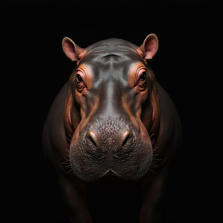 Hippopotamus portrait isolated on black background. Studio shot.の素材