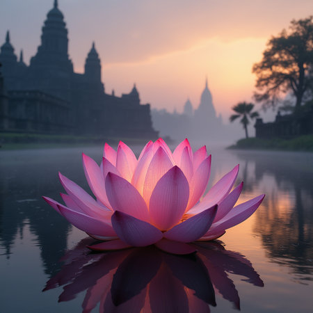 Beautiful pink lotus flower with ancient temple background at sunset.の素材