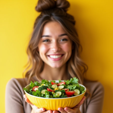 Portrait of a smiling young woman holding a bowl of vegetable saladの素材