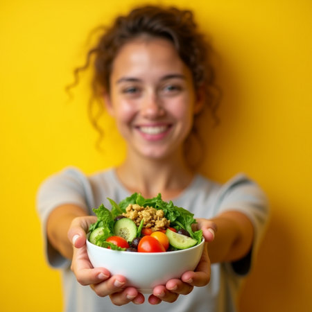 Healthy salad in a bowl in hands of a girl on a yellow backgroundの素材