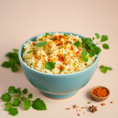 Rice with spices and herbs in a blue bowl on a light background. Selective focus.の素材