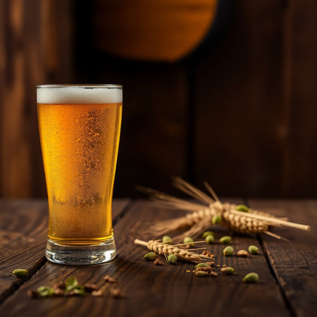 Glass of beer on rustic wooden background with wheat ears and hopの素材