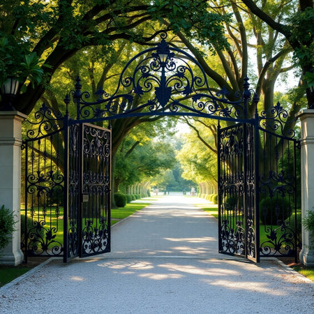 Wrought iron gates in the park. Beautiful view of the park.の素材