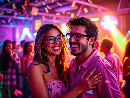 Portrait of young couple dancing at party in night club with friendsの素材