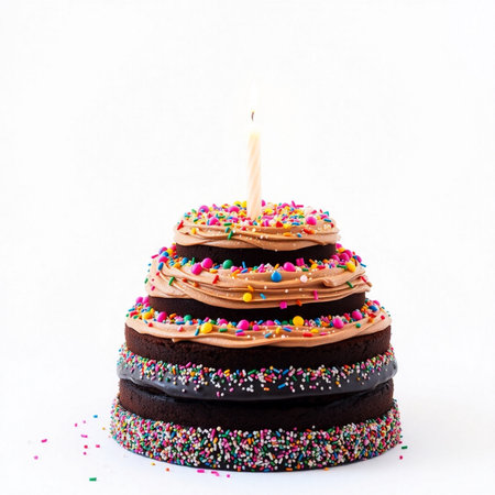 Birthday cake with colorful sprinkles and lit candle on white backgroundの素材