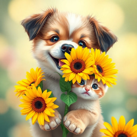 Cute puppy and kitten with sunflowers bouquet. Animal portrait.の素材