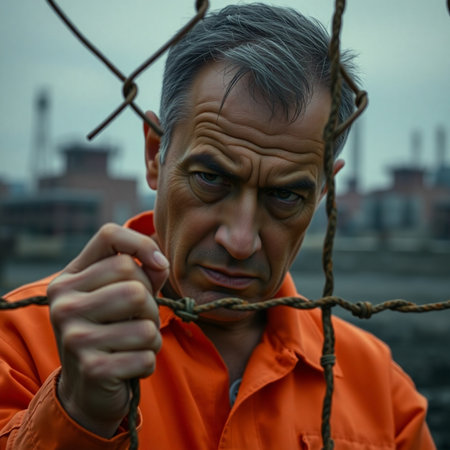 Portrait of a homeless man in an orange raincoat behind a fenceの素材