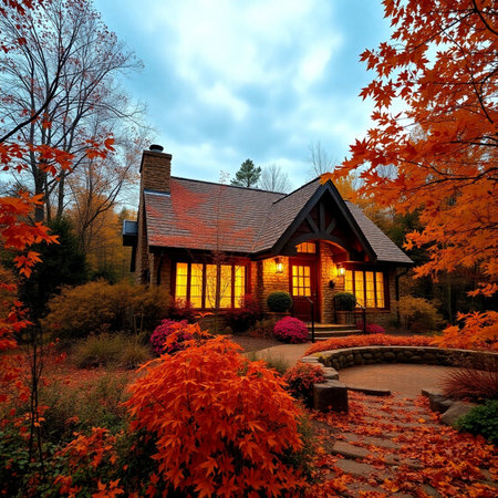 Autumn landscape with red maple trees in the park and wooden houseの素材