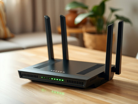 Wireless router on the table in the living room, close-upの素材