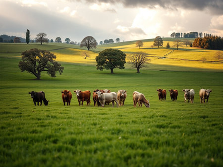 Cows grazing on a green meadow in the countryside of Englandの素材