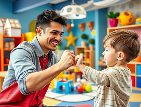 Father and son playing together in a children's room. Happy family concept.の素材