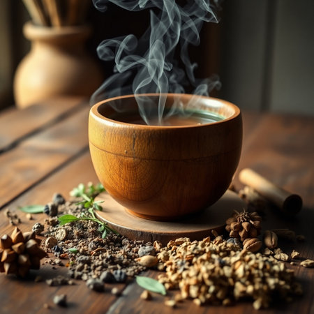 Hot tea in a wooden bowl on a wooden table, close-upの素材