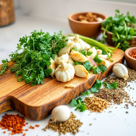 Garlic, parsley and spices on a white background. Ingredients for cooking.の素材