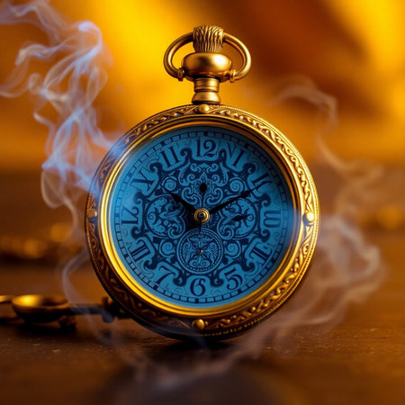 Vintage pocket watch on a wooden background with smoke and fire.の素材