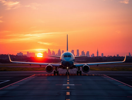 Airplane in the airport with cityscape and sunset sky background.の素材
