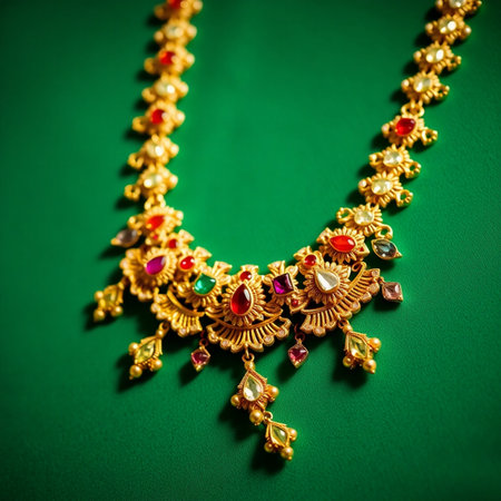 Indian Traditional Jewelery Necklace on Green Background. Selective Focusの素材