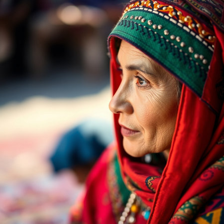 Portrait of an elderly woman with red headscarf at the marketの素材