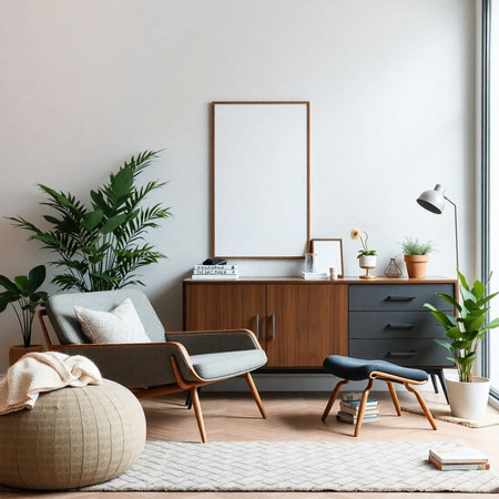Interior of modern living room with mock up poster frame, sofa, armchair and plants. 3d renderの素材