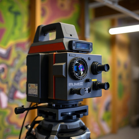 Cameras on tripod in front of a colorful graffiti wall.の素材