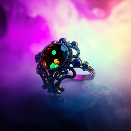Jewelry ring with precious stones on a dark background with smokeの素材